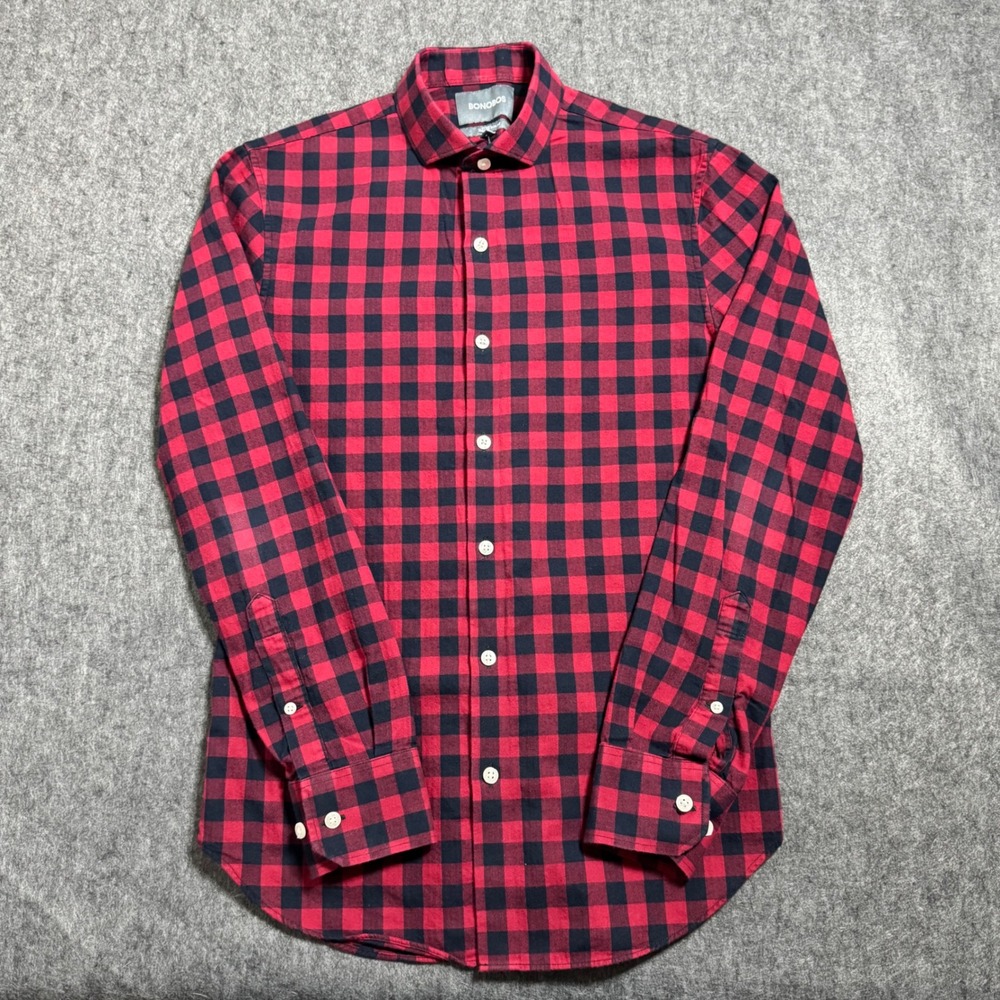 Bonobos Mens Tailored Slim Fit Red Navy Buffalo Check Cotton Button Down Shirt S